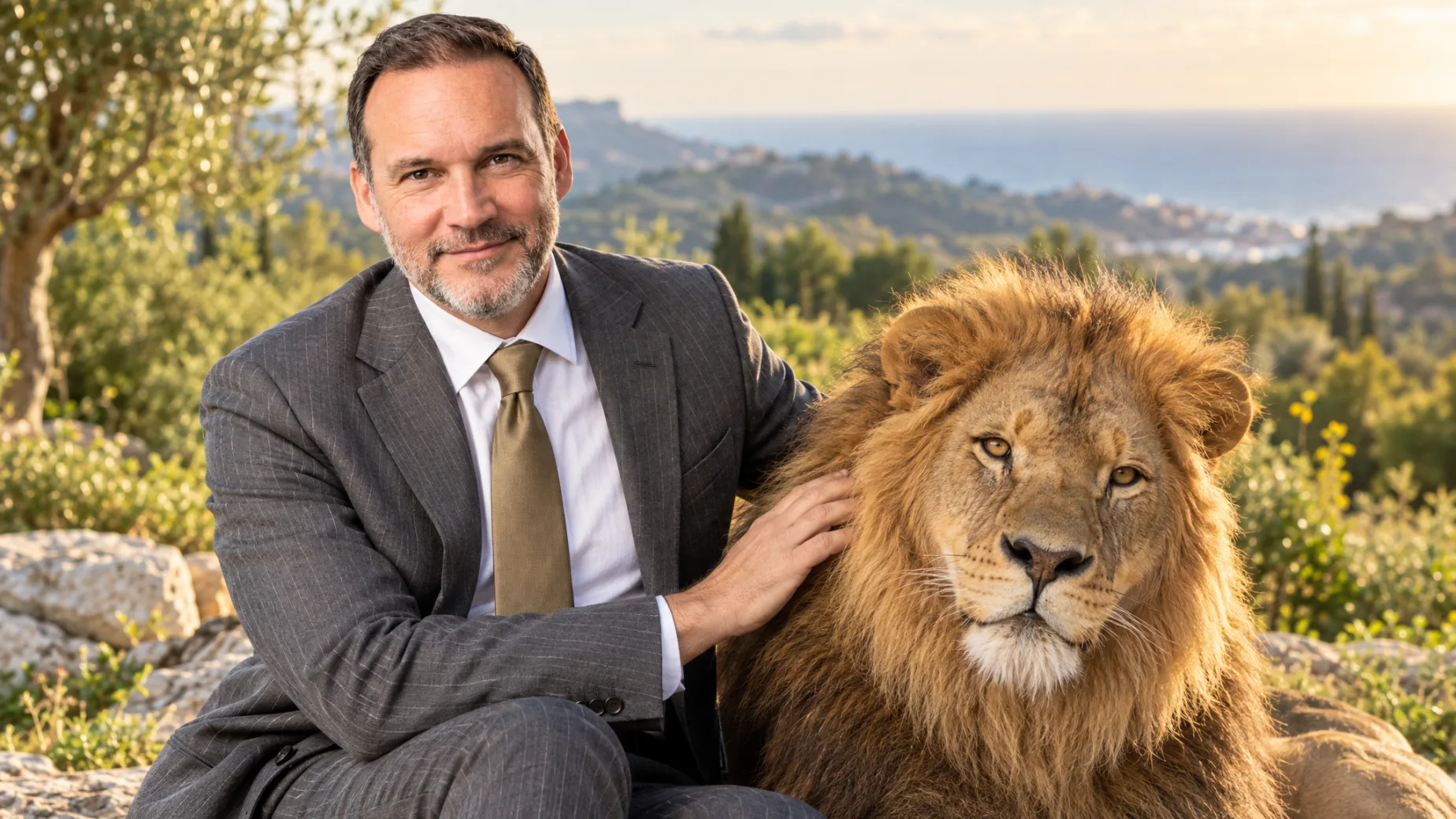 Sascha Tiebel of newEstepona.com with a lion in the hills above Selwo near Estepona