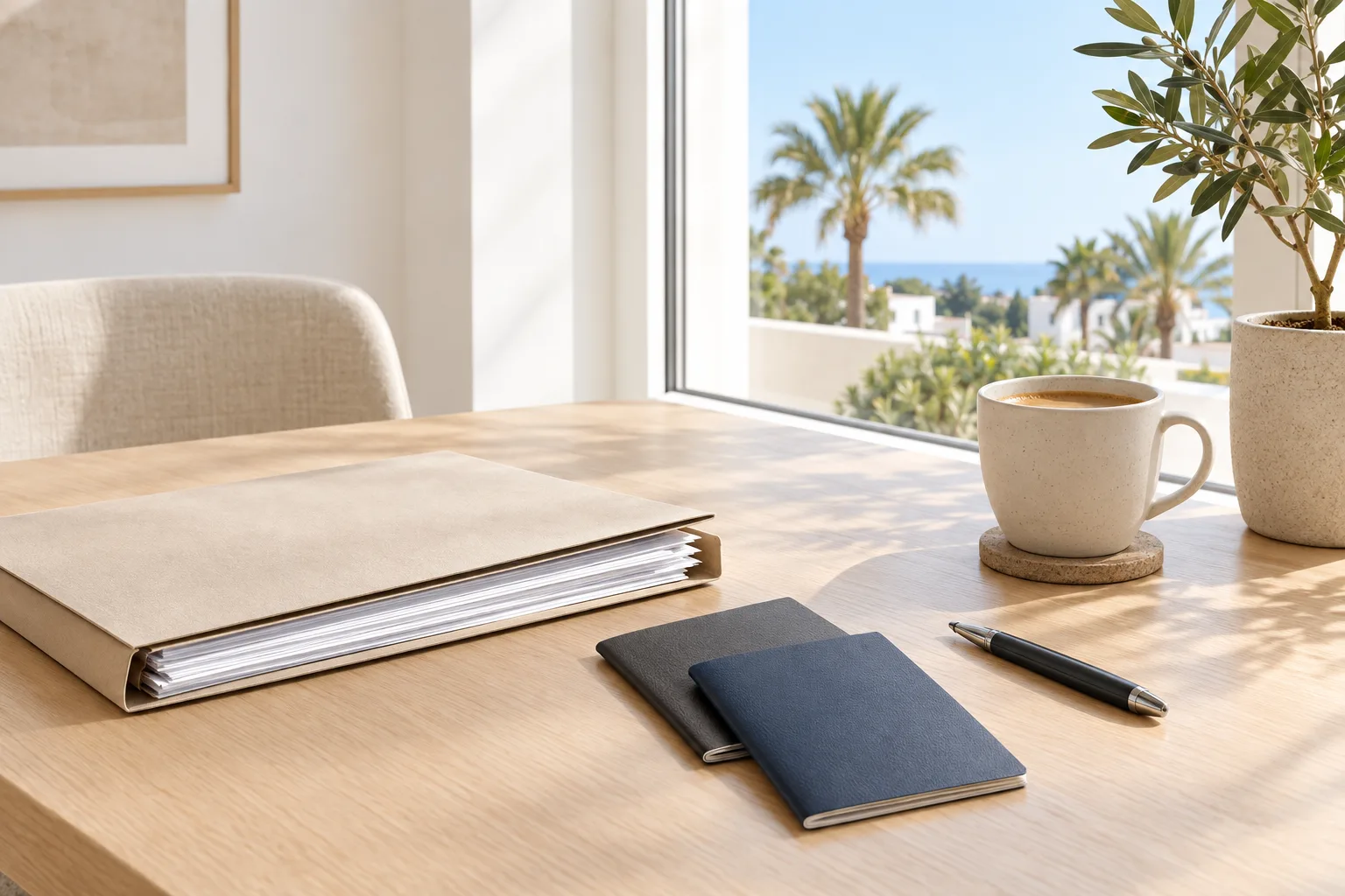 Preparing documents for a Spanish residency application at a bright table in Estepona