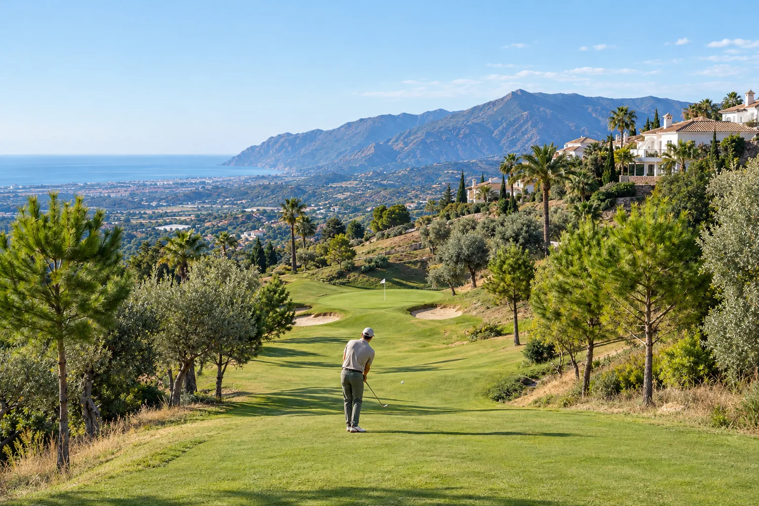 A short fairway at Tramores Golf in the hills of Benahavís with new homes on the slope above