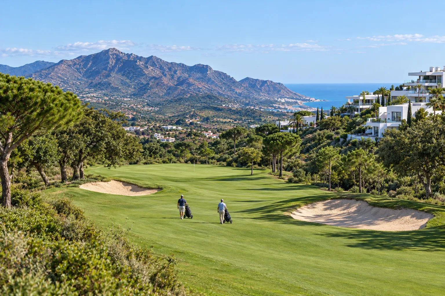 A wide fairway at Valle Romano Golf in the valley behind Estepona with new homes on the slope