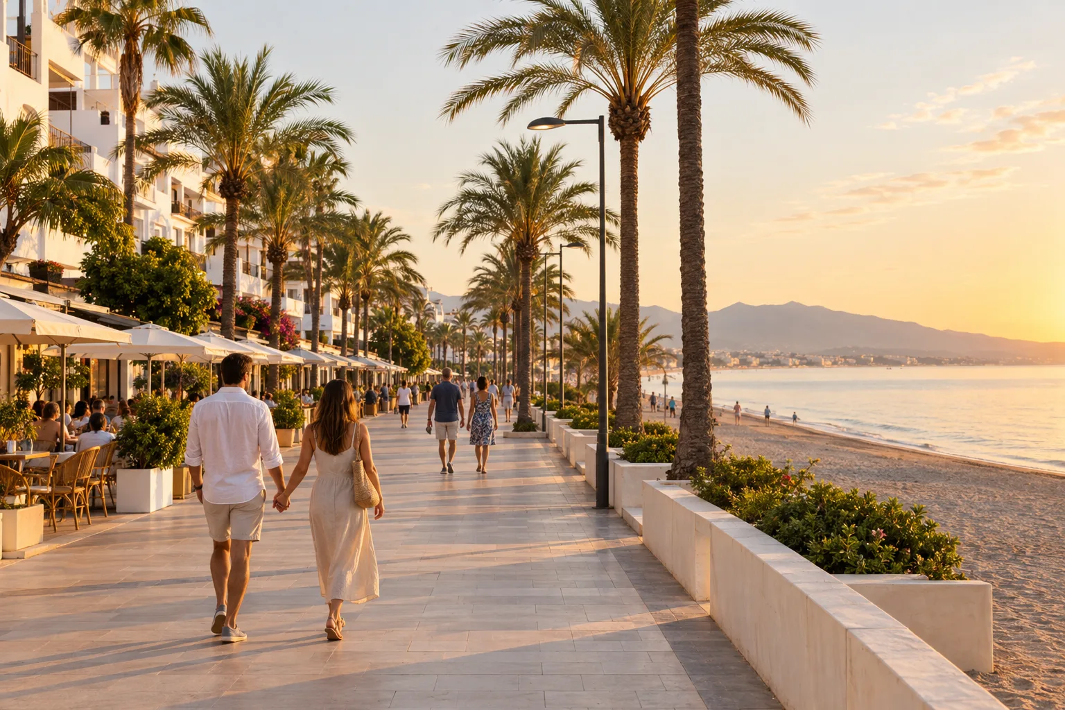 Strandpromenade von Estepona an der Costa del Sol in der Provinz Málaga am Abend